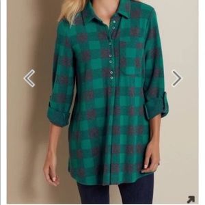 Soft Surroundings Mad About Plaid Teal Green Plaid Half Button Down Tunic Top